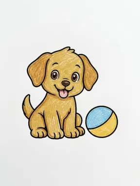 Puppy with a Ball Coloring Page colored with AI in crayon style