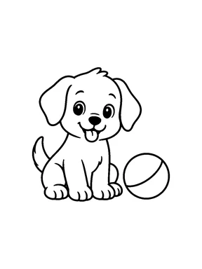 A sitting puppy next to a plain ball.