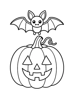 A friendly jack-o'-lantern with a bat flying above it.