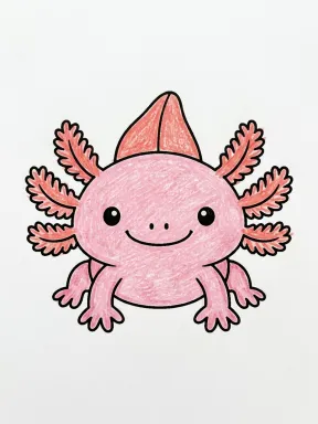 Smiling Axolotl Front View Coloring Page, colored example