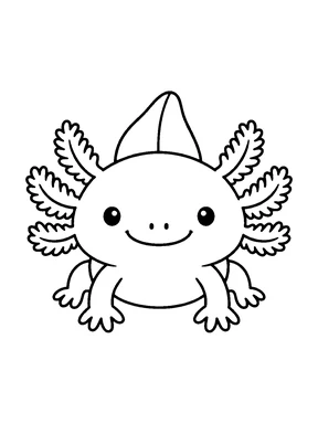 A smiling axolotl facing forward, with feathery gills on both sides of its head.