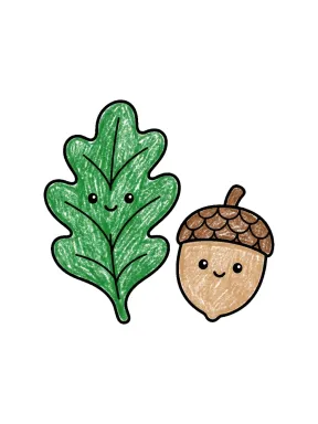 Fall Oak Leaf and Acorn Coloring Page colored with AI in crayon style