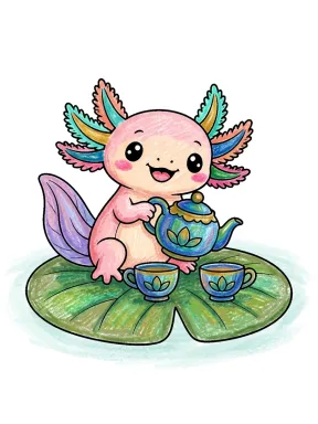 Axolotl Tea Party Coloring Page colored with AI in crayon style