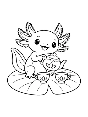 A cute axolotl serving tea on a large lily pad, with a teapot and two teacups.
