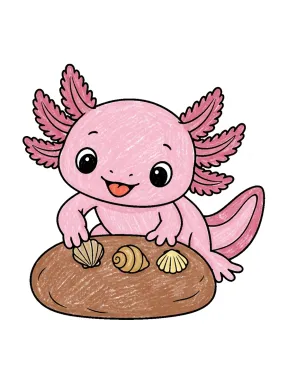 Axolotl Lining Up Seashells Coloring Page colored with AI in crayon style