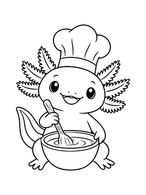 A cute axolotl in a chef hat stirring a mixing bowl with a wooden spoon.