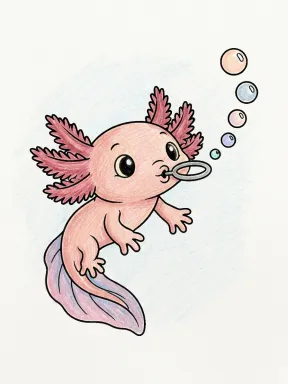 Axolotl Blowing Bubbles Coloring Page colored with AI in crayon style