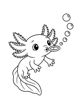 A cute axolotl blowing round bubbles through a bubble ring.