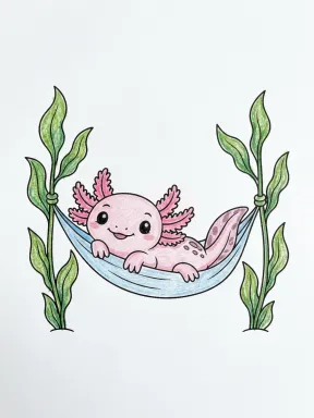 Axolotl in a Hammock Coloring Page colored with AI in crayon style