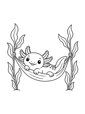 A cute axolotl resting in a small hammock tied between two water plants.