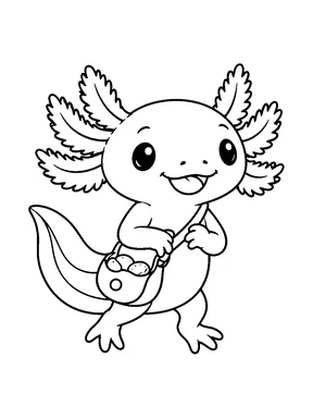 A cute axolotl carrying a small satchel filled with round pebbles.