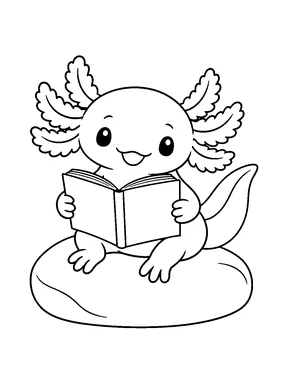 A cute axolotl reading an open picture book on a broad, smooth stone.