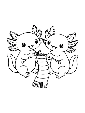 Two cute axolotls knitting a striped scarf together with a pair of knitting needles.