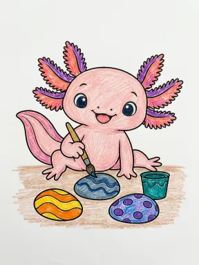 Axolotl Painting Pebbles Coloring Page, colored example