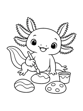 A cute axolotl painting smooth pebbles with a paintbrush and a paint cup.