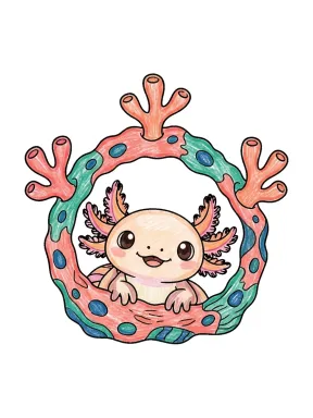 Axolotl in a Coral Arch Coloring Page colored with AI in crayon style