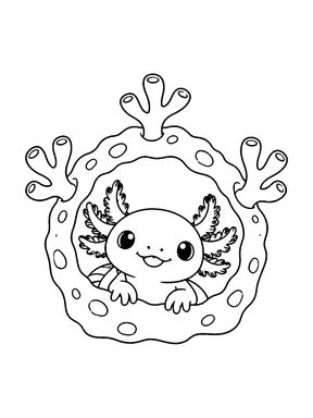A cute axolotl peeking through a round coral arch.