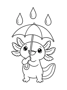 A cute axolotl holding a tiny open umbrella under three large water drops.