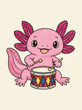 Axolotl Playing a Drum Coloring Page colored with AI in crayon style
