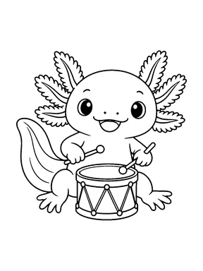 A cute axolotl playing a small drum with two drumsticks on the pond floor.