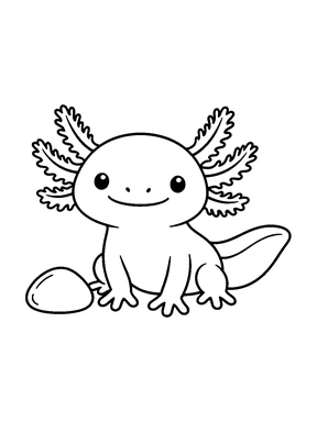 An axolotl sitting beside a pebble.