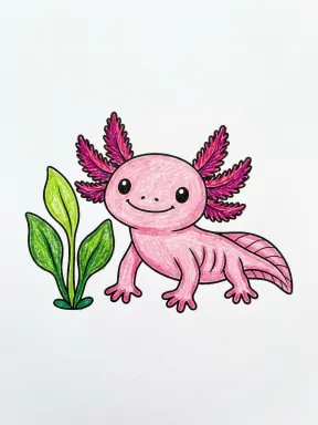 Axolotl and Water Plant Coloring Page colored with AI in crayon style