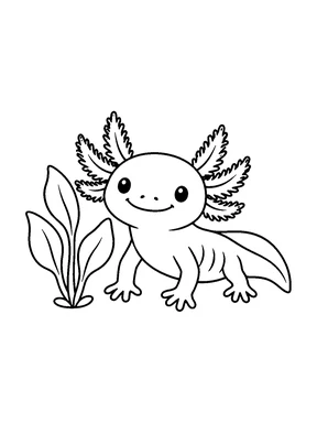 An axolotl beside a simple water plant.