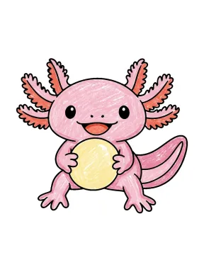 Axolotl Holding a Ball Coloring Page colored with AI in crayon style