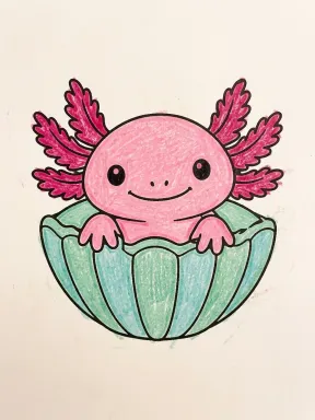 Axolotl in a Seashell Coloring Page colored with AI in crayon style