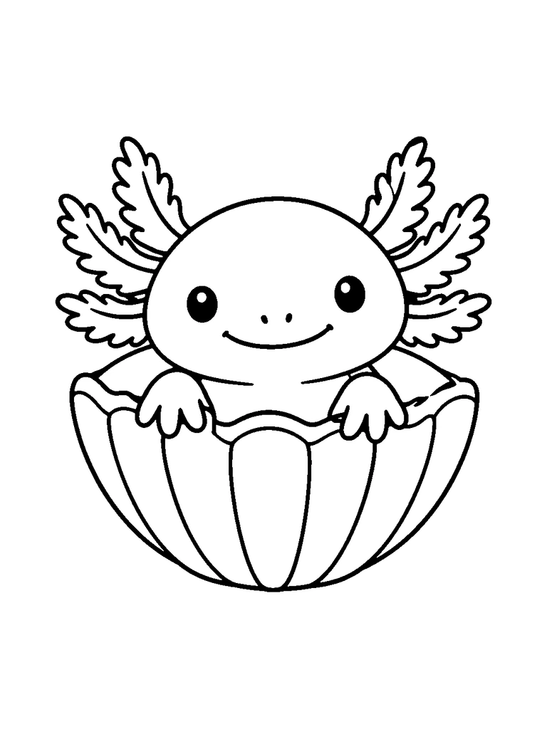 An axolotl peeking out of a rounded shell.