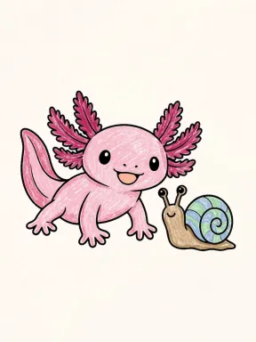 Axolotl and Snail Coloring Page colored with AI in crayon style