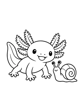 An axolotl next to a friendly snail.