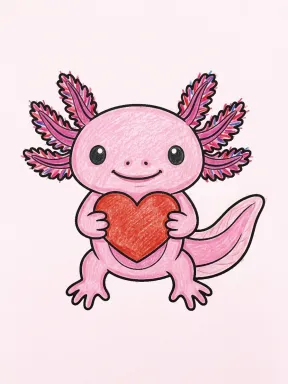 Axolotl Holding a Heart Coloring Page colored with AI in crayon style