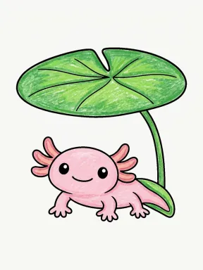 Axolotl Under a Lily Leaf Coloring Page colored with AI in crayon style