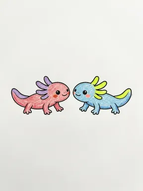 Baby Axolotl Friends Coloring Page colored with AI in crayon style