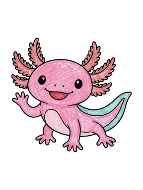 Waving Axolotl Coloring Page colored with AI in crayon style