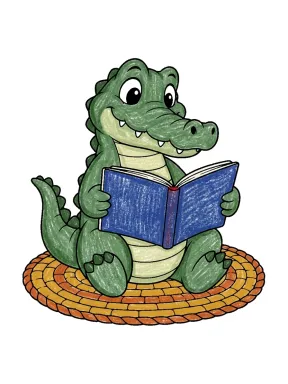 Crocodile Reading a Book Coloring Page colored with AI in crayon style