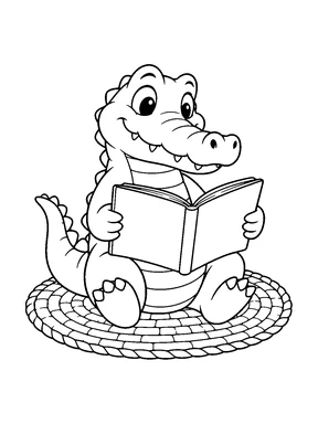 A cute crocodile reading an open picture book while sitting on a woven mat.