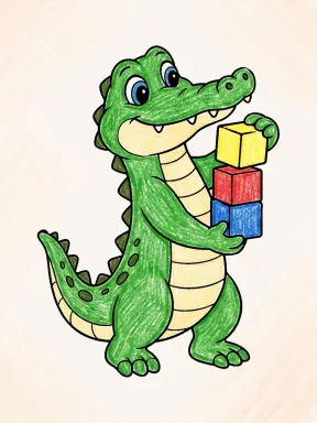 Crocodile Stacking Blocks Coloring Page colored with AI in crayon style