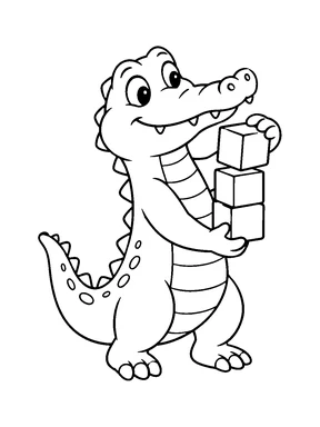A cute crocodile stacking three plain blocks into a short tower.