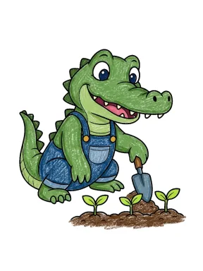 Crocodile Gardening Coloring Page colored with AI in crayon style
