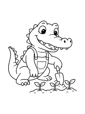 A cute crocodile gardening with a trowel beside three small sprouts.