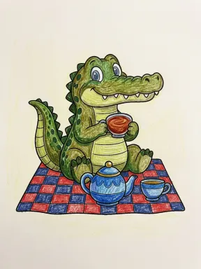 Crocodile Picnic Tea Coloring Page colored with AI in crayon style