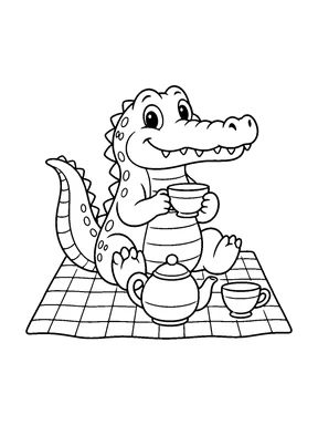 A cute crocodile having a picnic with a teapot and two teacups.