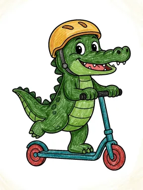 Crocodile on a Scooter Coloring Page colored with AI in crayon style