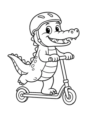 A cute crocodile in a helmet riding a two-wheeled scooter.