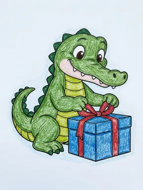 Crocodile Wrapping a Parcel Coloring Page colored with AI in crayon style