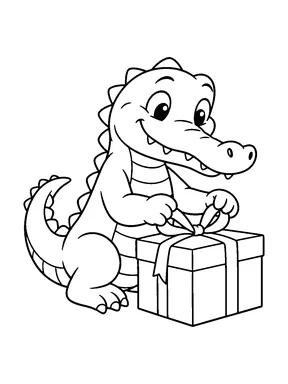 A cute crocodile tying a bow around a wrapped parcel.