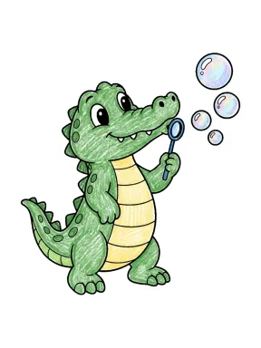 Crocodile Blowing Bubbles Coloring Page colored with AI in crayon style