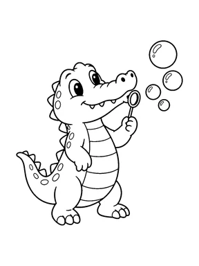 A cute crocodile blowing round bubbles from a bubble wand.